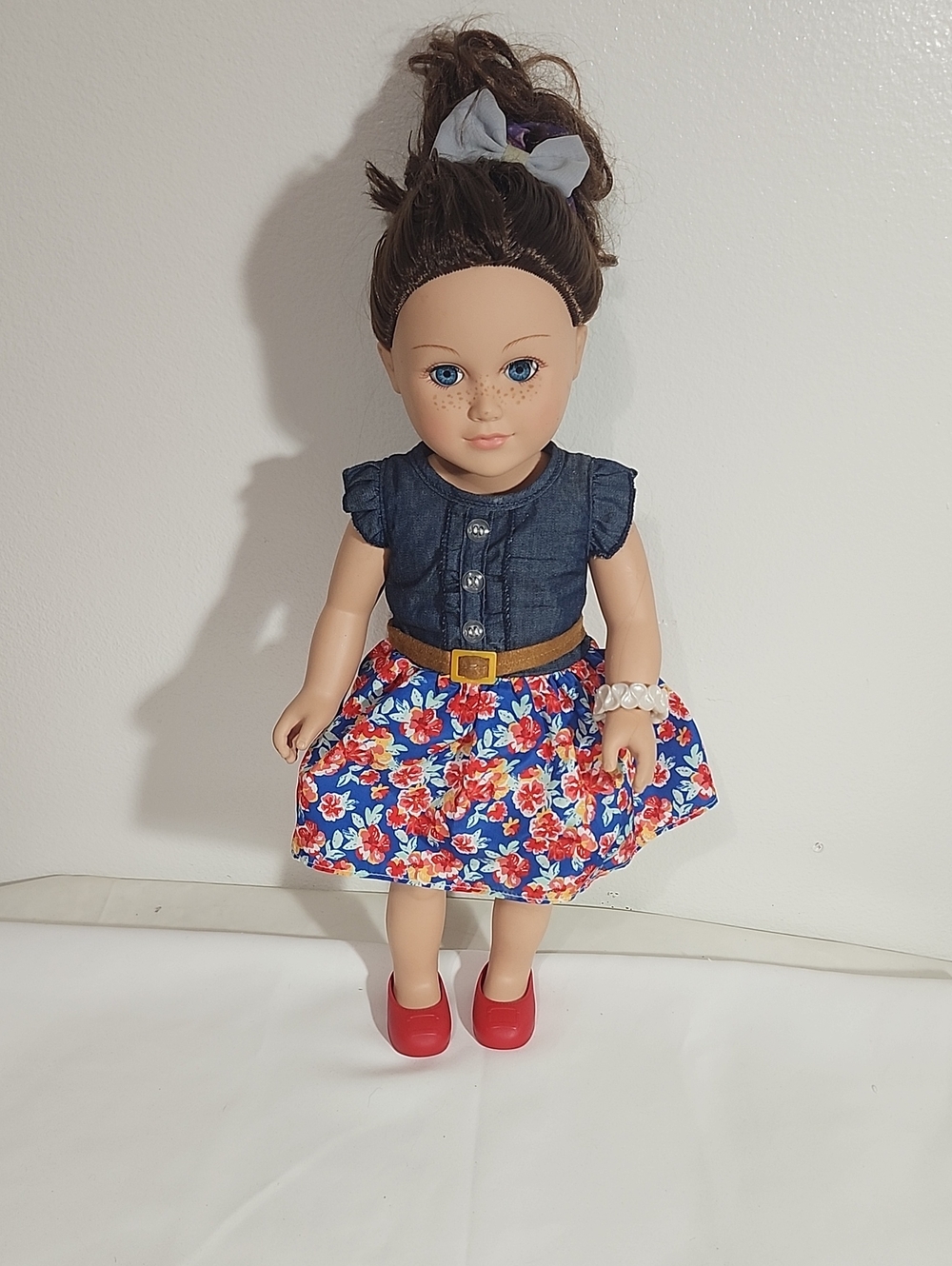 Girl Doll in Blue Floral Dress with Red Shoes 18" Tall